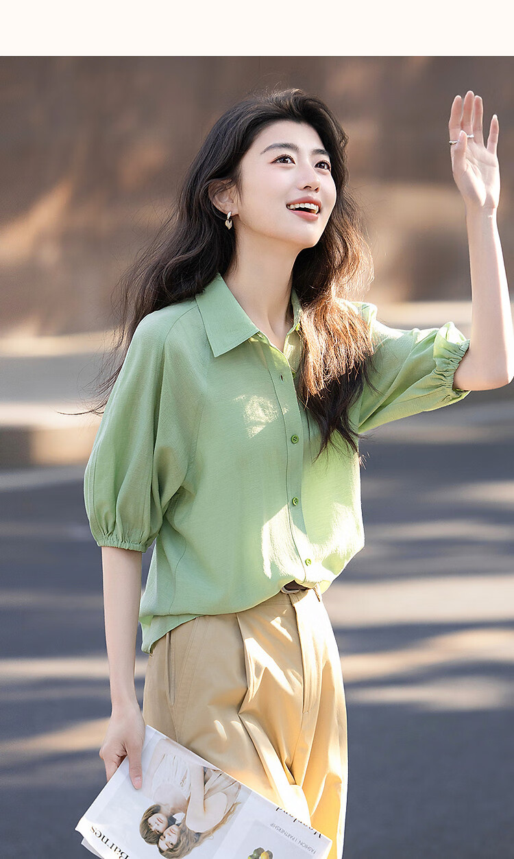 Demana [Su Jian Aesthetics] Summer Acetate Polyester Shirt with Panel Stitching and Elastic Lantern Sleeves Women's Top 35