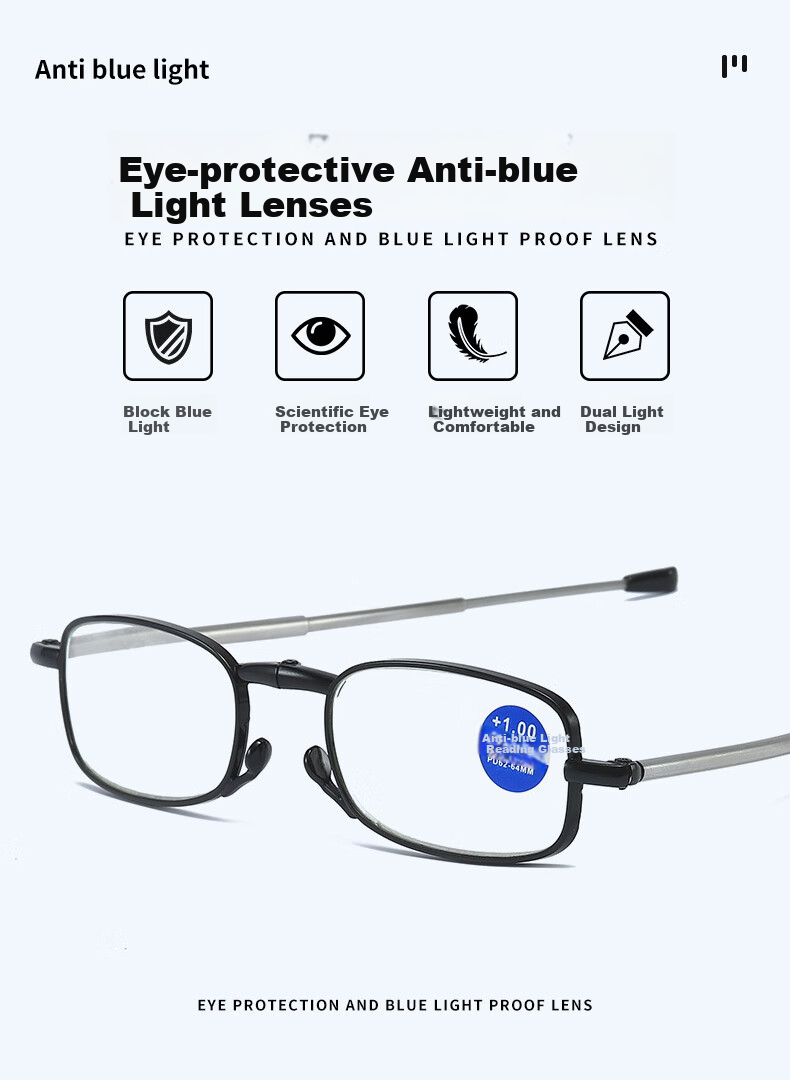 HB Folding Reading Glasses 150 Degrees, Black Anti-Blue Light Unisex Portable Comfortable High Definition Wear-Resistant XH Reading Glasses for Elderly 2