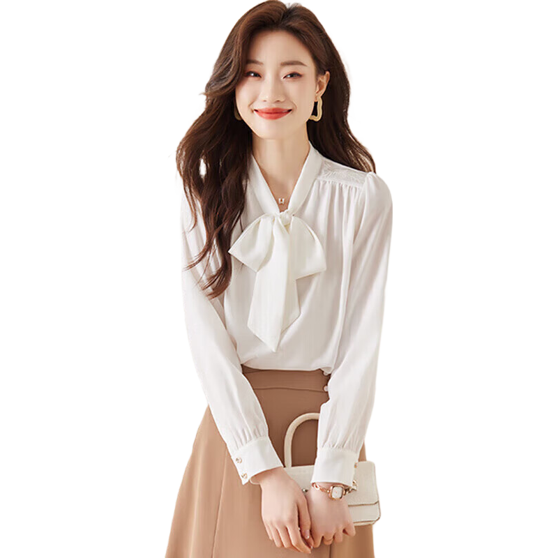Jeanswest Long-Sleeve Shirt for Women, Spring And Summer Top, French Bow Tie, Elegant Ladies Professional Outfit Blouse, White, 2XL