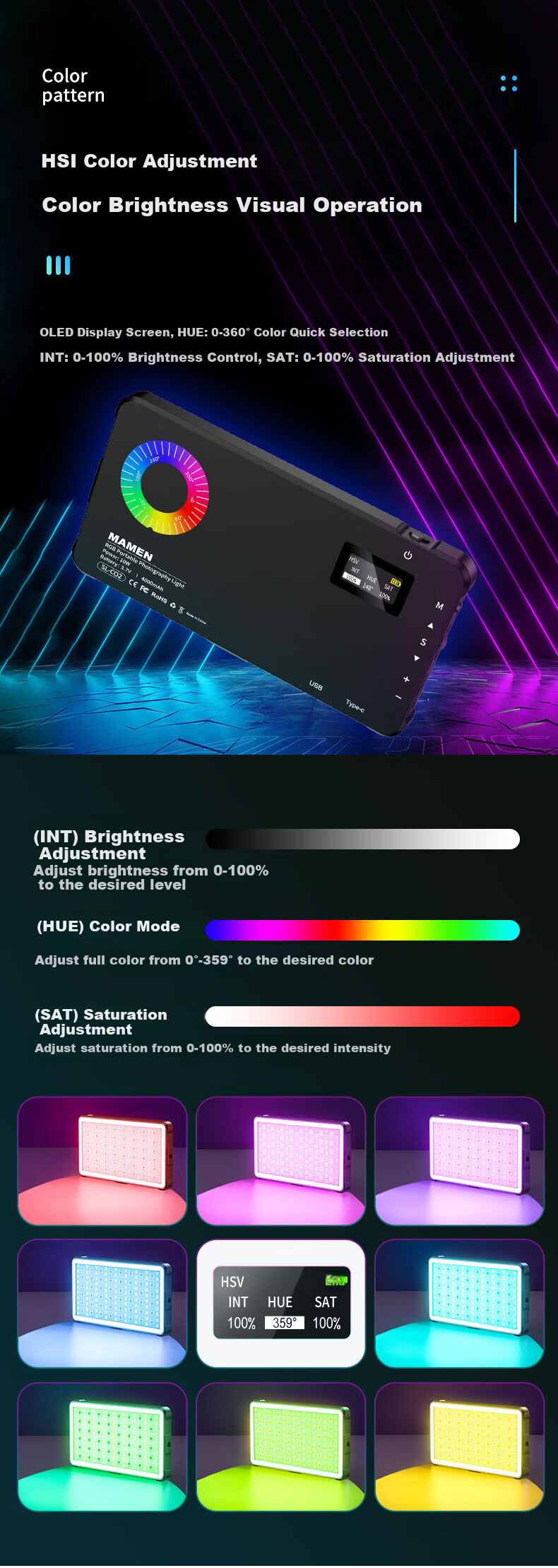 MAMEN Fill Light SL-C02, Full-Color RGB Dual-Temperature Portable Handheld Light, Camera Phone Live Streaming Photography Micro-Drama Short Video Pocket Atmosphere Soft Light 5