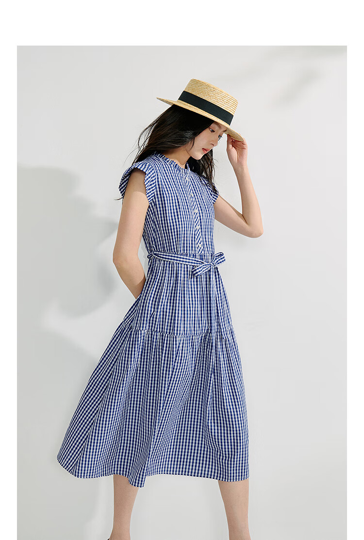 INMAN French Plaid Dress Summer Women's Versatile Puff Sleeve A-Line Skirt Navy Blue S 49