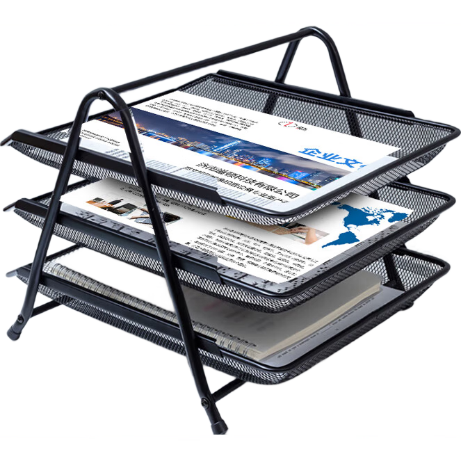 DOCON Business Three-Tier Metal Mesh File Tray Desktop Organizer Document Rack File Basket Movable Tray Black