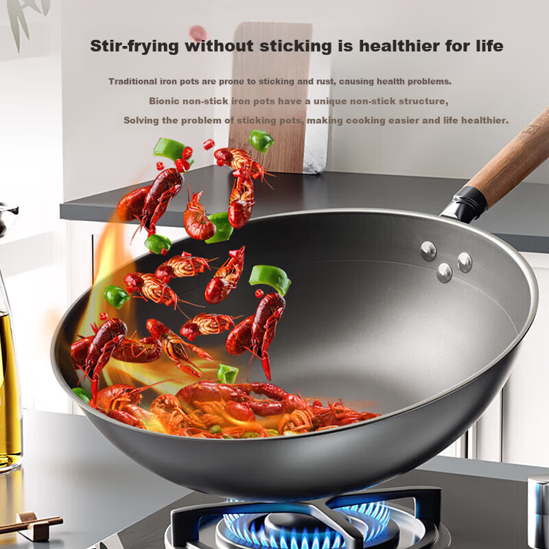 KOBACH Non-Stick Wok, Bionic Iron Pan without Coating, Household Flat-Bottom Frying Pan, Universal 0-Coated No-Scorching 32cm