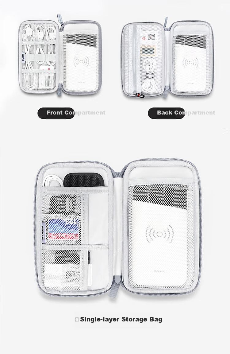 BUBM Power Bank Storage Pouch, Xiaomi 2 Romoss Portable Charger Protective Case, Multifunctional Cable Storage Box, Earphone And Digital Accessory Organizer Bag, Gray, Double-Layer 4