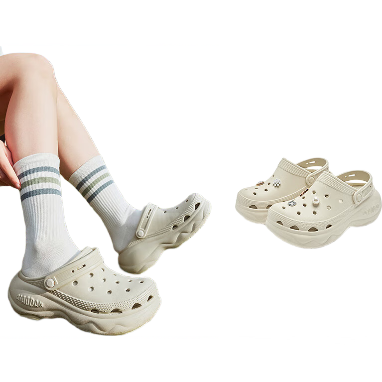 QIAODAN Women's Hamburger-Style Perforated Shoes, Sneakers, Casual Shoes, Breathable Soft-Soled Sandals for Summer, Thick-Soled Height-Increasing Slippers for Wome