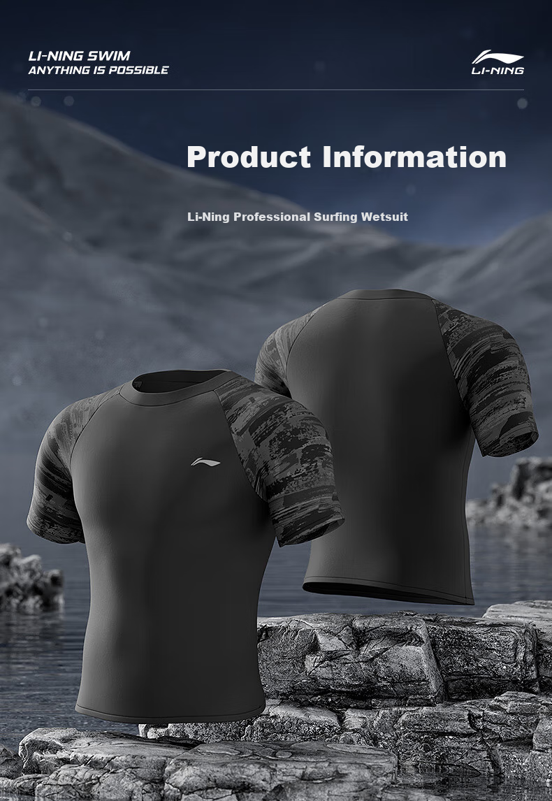 Li-Ning Men's Swimwear, Quick-Drying Breathable Sports Short-Sleeve Top, Large Size Anti-Embarrassment Loose Swimwear, 8021 Black XL 7