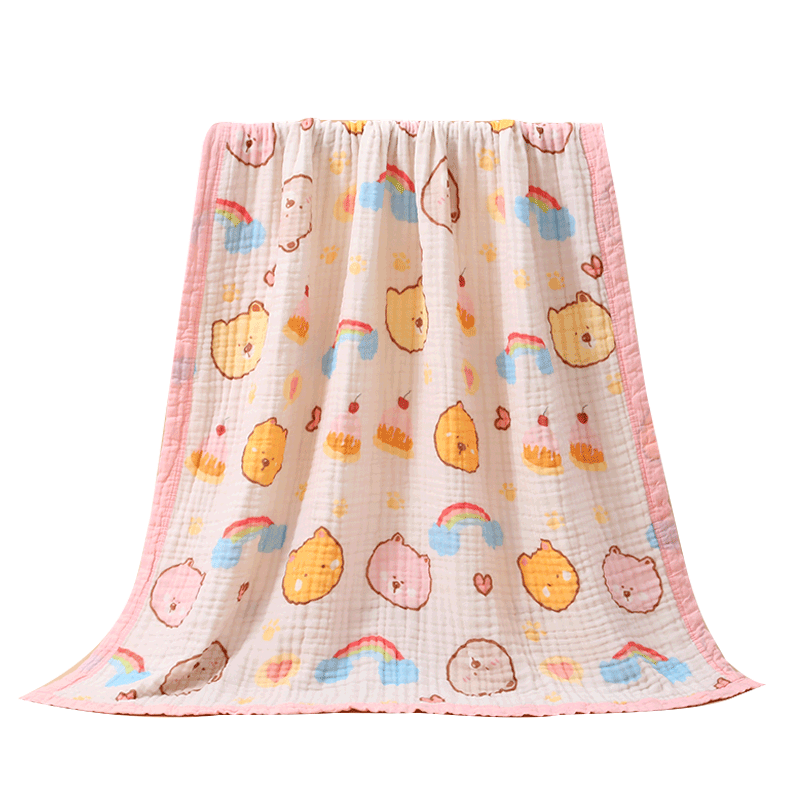 Jinhao Antibacterial Class A Pure Cotton 6-Layer Baby Bath Towel Gauze Blanket Rainbow Bear 1.1*1.1M