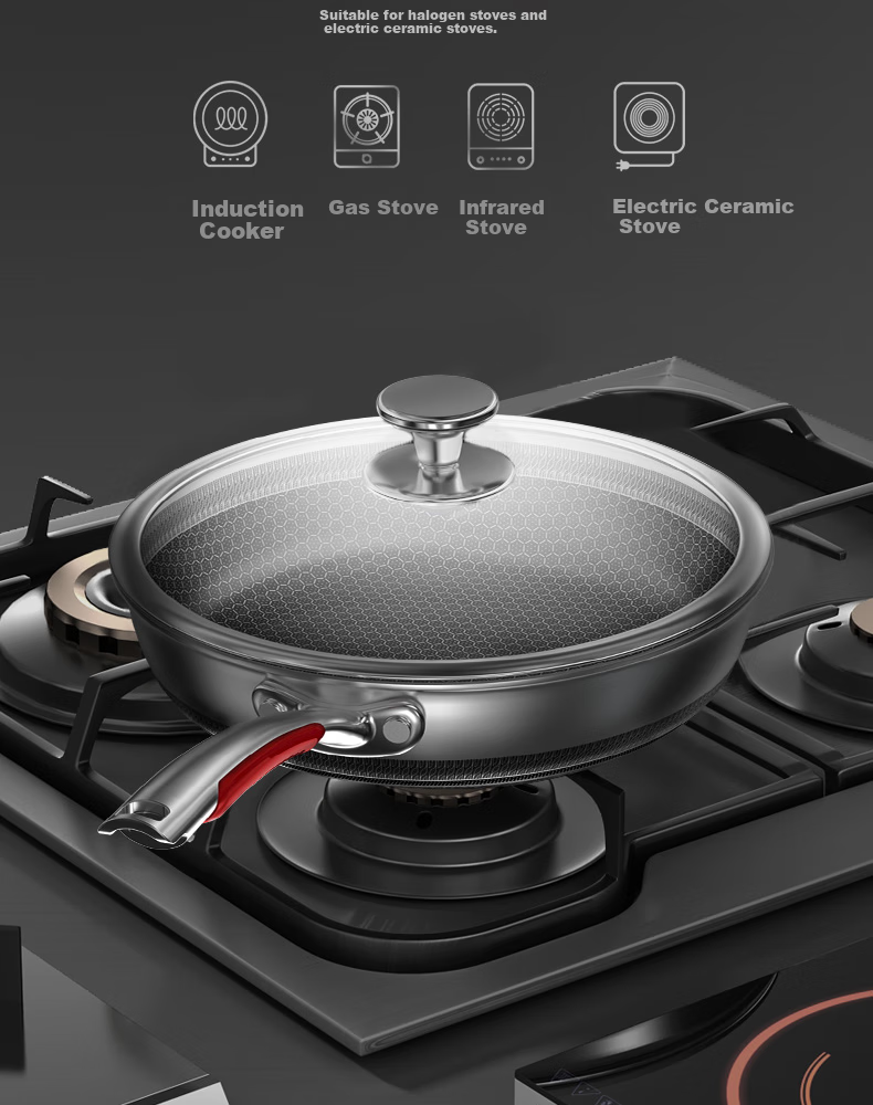 Kobach Non-Stick Frying Pan, 316L Stainless Steel, Flat Bottom Pan, Low Smoke, for Frying Eggs And Steak, Double-Sided Honeycomb Design, Yuexiaowen Model 14