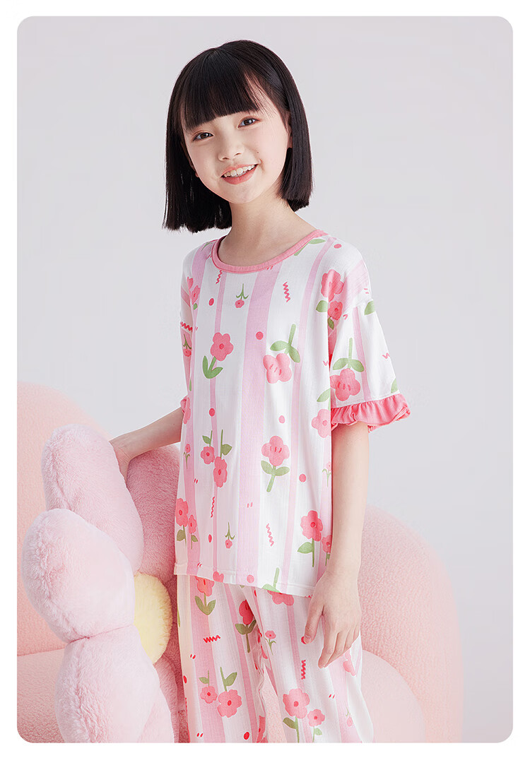 DEESHA [Ice Silk Smooth] Girls' Spring And Summer Pajamas, 7A Antibacterial Thin Short-Sleeve Top And Capri Pants, Air Conditioning Wear, Children's Loungewear 10