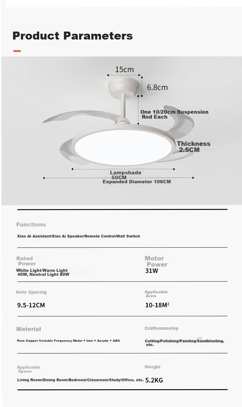 Dengling LED Invisible Retractable Blade Ceiling Fan Chandelier with US Cree Eye-Care Light for Dining Room Kitchen Bedroom Integrated 16