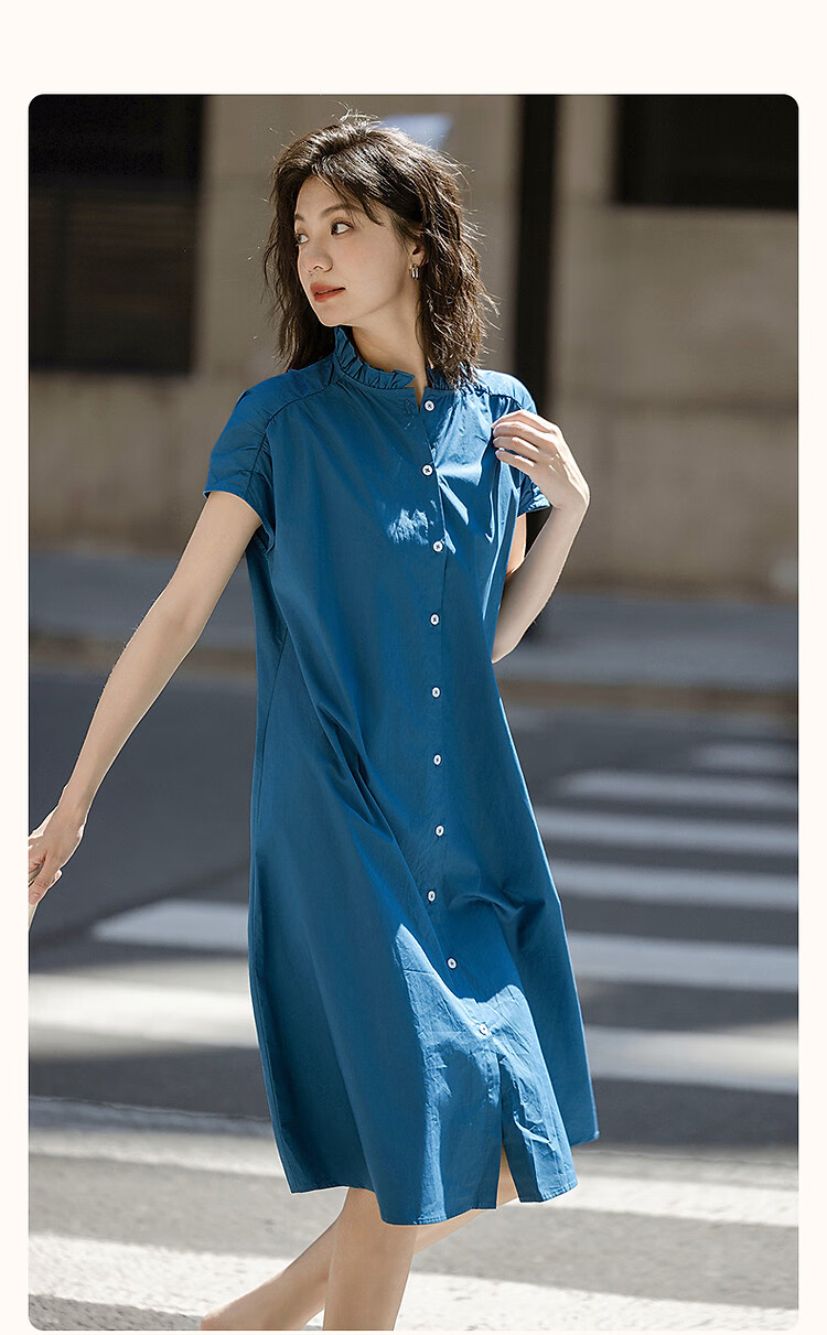 Dme [Klein Blue] Summer Oxygen Pure Cotton Lace Collar Short-Sleeve Loose Waist Long Elegant Single-Breasted Dress 2