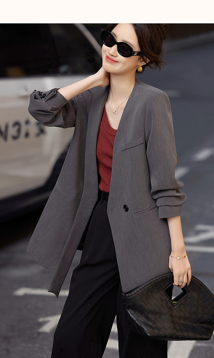 Dme [Jingshuo Tongkun] Spring And Autumn Stylish Lapelless Asymmetric Turn-Down Blazer, Simple Slim-Fit Short Suit Jacket for Wome 14