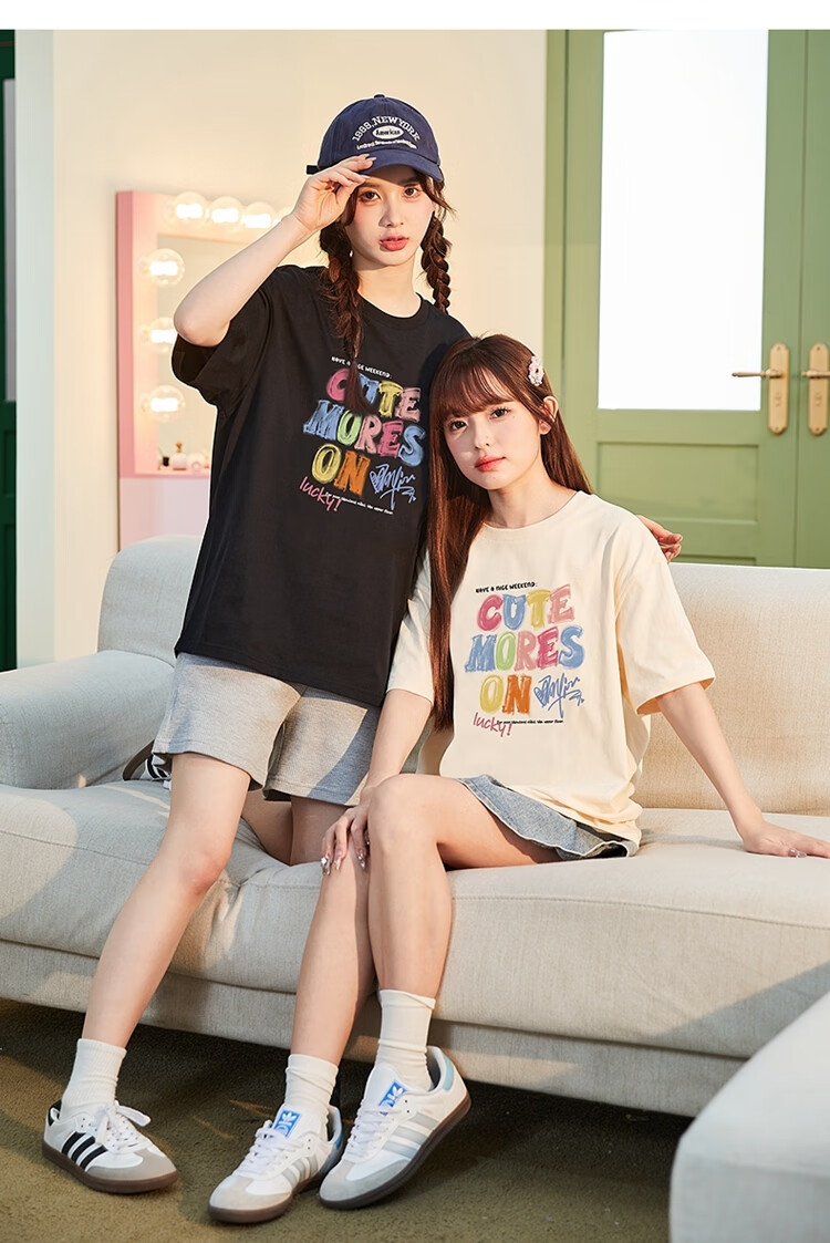 TonLion 2025 Women's Crew Neck Graffiti Text Cotton Short Sleeve T-Shirt Apricot Batch S 9