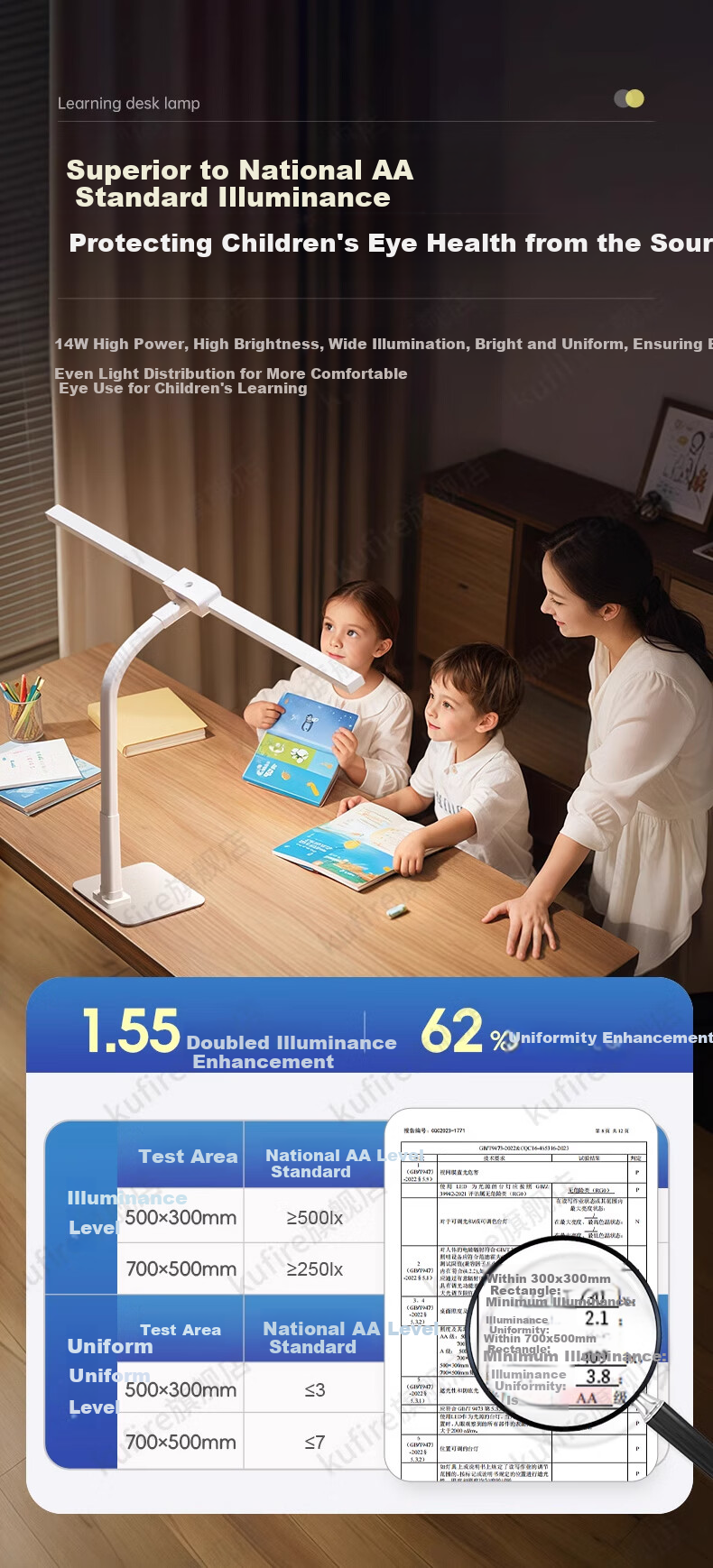 Kufire Desk Lamp Eye Protection Lamp for Study, Anti-Blue Light Plug-In Office Desk Work Lamp Children's Reading Long Strip Table Fa 1