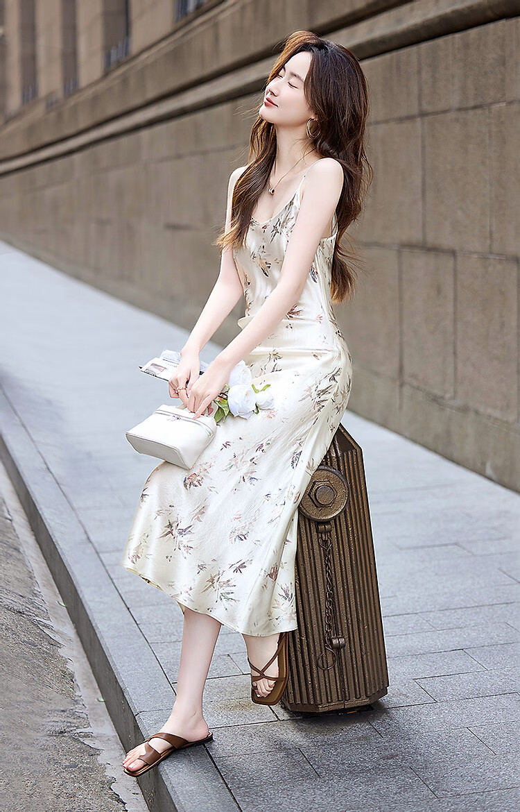 Demana [Pearl Luster] Spring French Style 100% Eastman Acetate Foil Print Camisole Dress for Women 15
