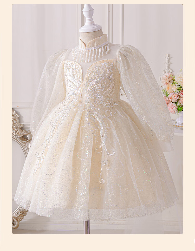 LUOBOBEIBEI Children's Princess Dress, Spring And Summer Puffy Skirt, Stylish Formal Dress, Tulle Skirt for Girls' Wedding And New Year's Outfit, Champagne Color, Size 110 4