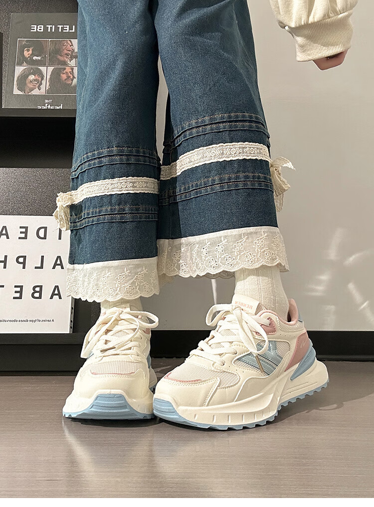 RENBEN Women's Dad Shoes, New Spring/summer 2025 Style, Dopamine Breathable Thick-Soled Sports Casual Shoes, White/blue/pink, Size 36 1