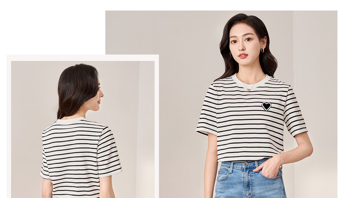 Chushen Summer Short-Sleeve T-Shirt for Women, Fashionable Versatile Round Neck Heart Logo Striped Pure Cotton Half-Sleeve Top S13KT1172 9