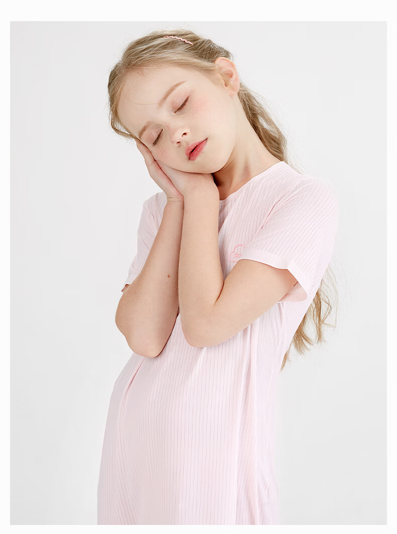 Duomiaowu Girls' Nightgown, Summer Children's Ice Silk Pajamas, Short-Sleeve Loungewear for Girls, Big Kids' Air Conditioning Wear, D017 Pink, Size 170 5
