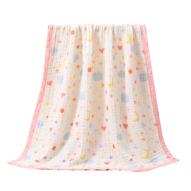KING SHORE Towel Blanket, Pure Cotton Antibacterial 6-Layer Bubble Gauze Children's Air Conditioning Coverlet, Summer Cool Quilt, Sun Moon Star Pattern, 1.2*1.5M