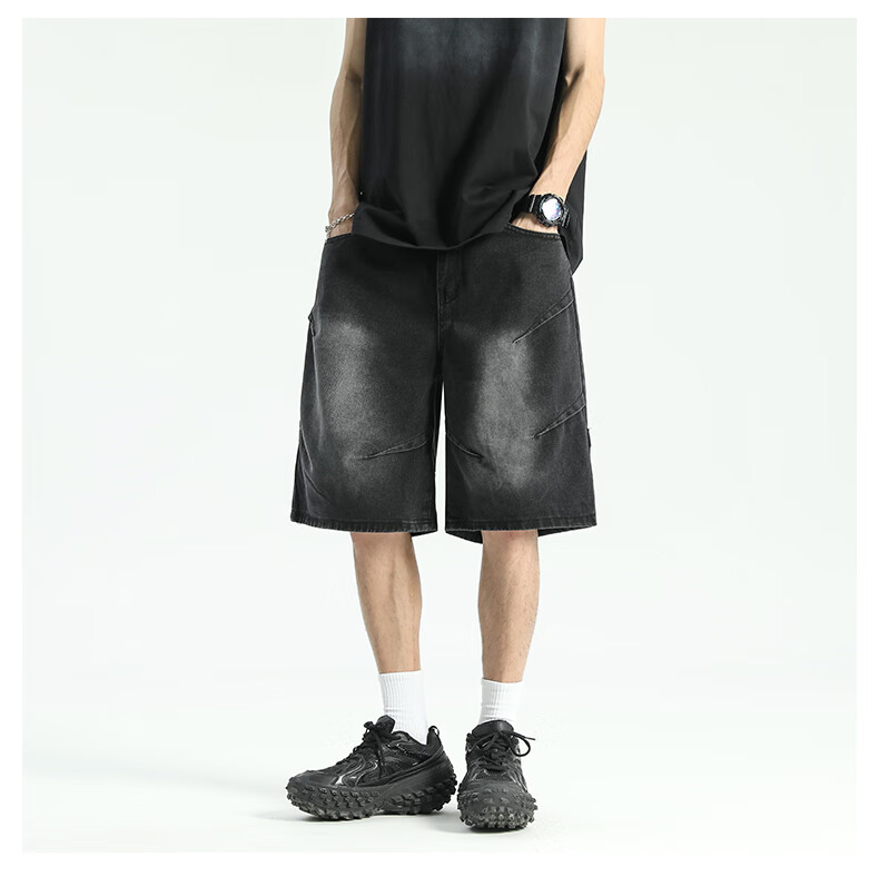 IZEXX American-Style Pleated Denim Shorts for Men, High Street Washed Vintage Loose Casual Five-Point Pants IZ029 Black 2XL 3