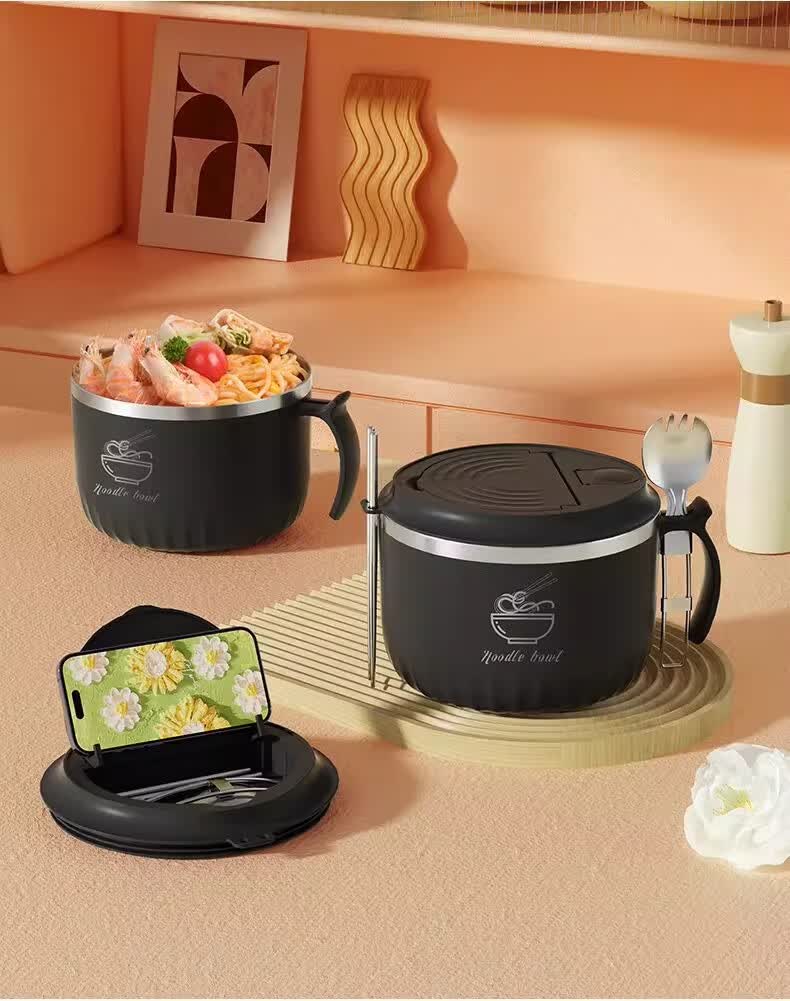 KATEI STORY Japanese 304 Stainless Steel Draining Instant Noodle Bowl Large Capacity Dormitory Student Covered Bowl with Handle Insulated Lunch Box 25