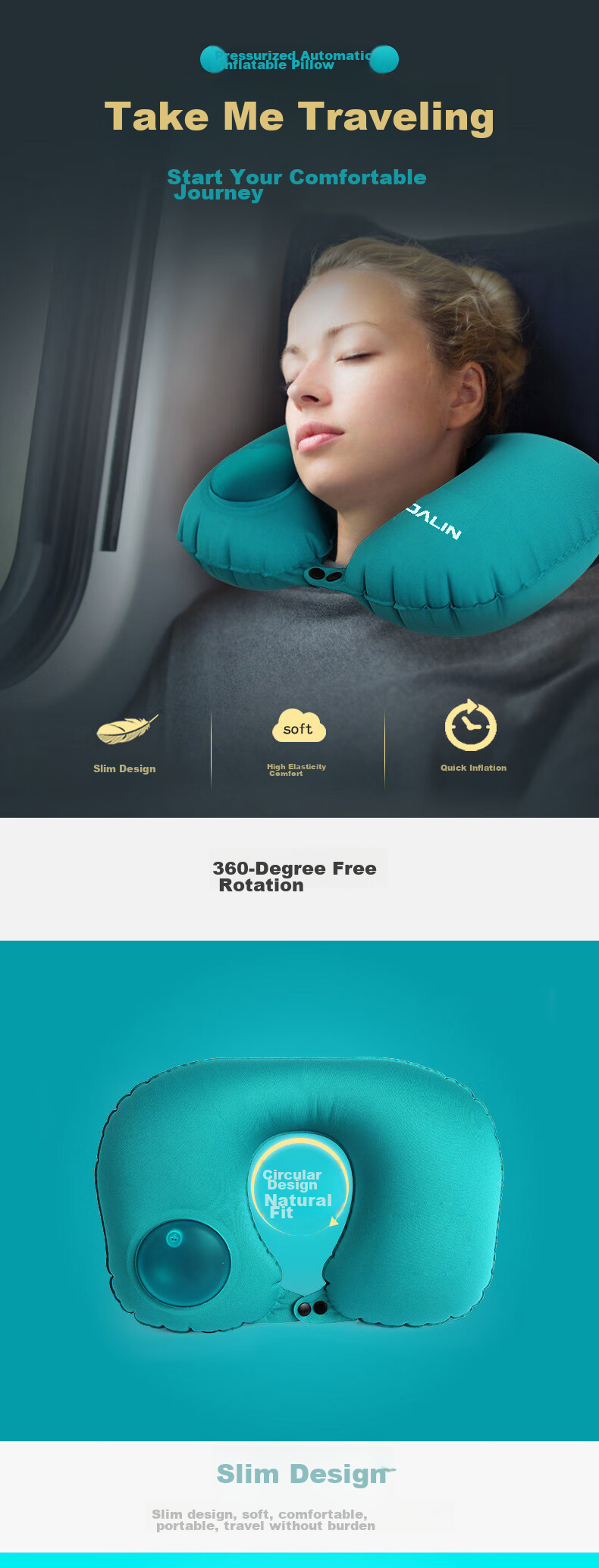 JAJALIN U-Shaped Pillow, Inflatable Travel Neck Pillow, Nap Pillow, Business Trip Accessory, Light Blue 1
