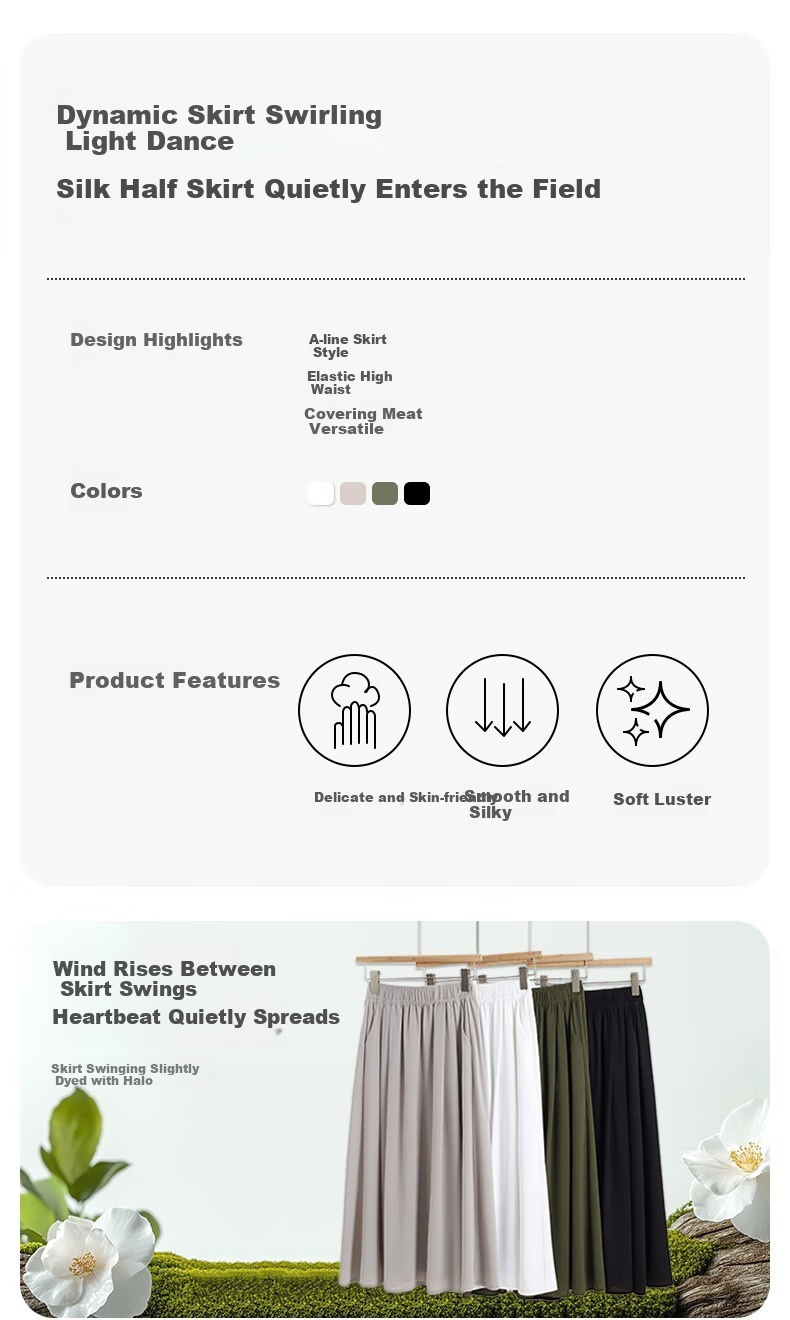 LangSha Ice Silk White Midi Skirt for Women, 2025 New Summer Thin Cool A-Line Skirt, Slimming Versatile Mid-Length Skirt 1
