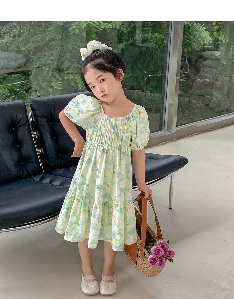 Tutuxiaoxiang Girls' Dress, 100% Cotton, Children's Puff Sleeve Floral Princess Dress, Green, Size 110, Height Approximately 110cm 19