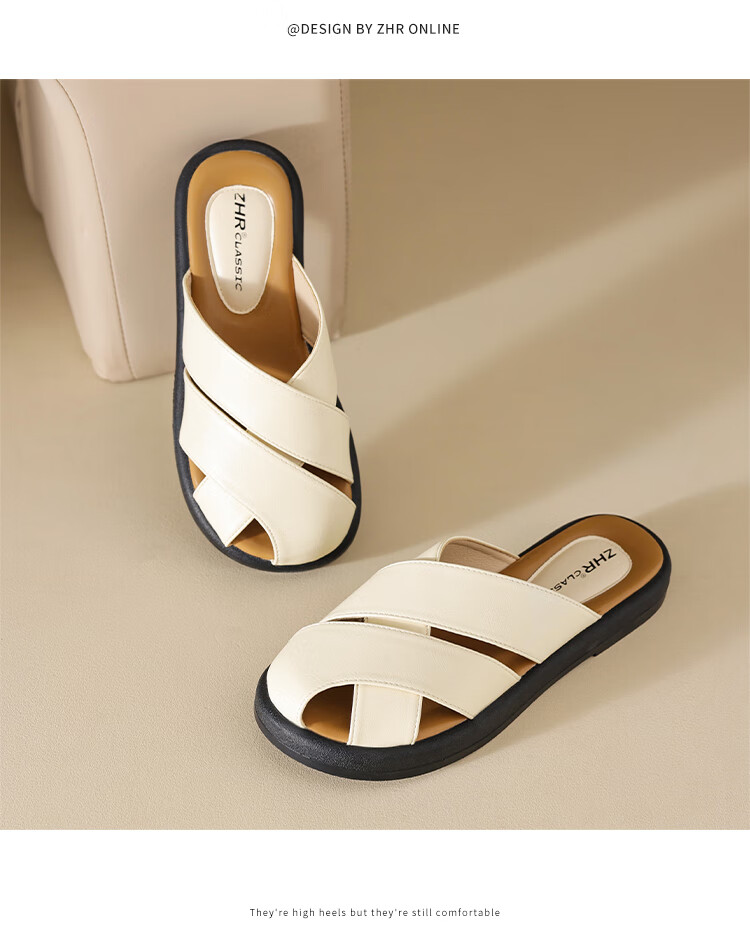 ZHR Women's Half Slippers, New Summer Style with Cross Straps And Closed-Toe Design, Fashionable Outdoor Sandals for Women, AB12 Beige Color, Size 40 17