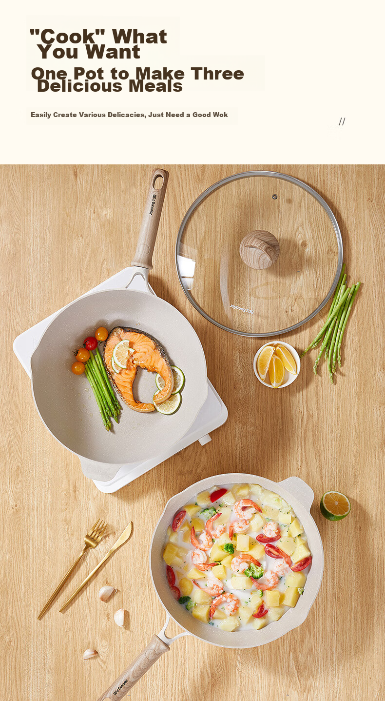 Joyoung Wok with Titanium Non-Stick Coating, Maifanshi Color, Household Stir-Fry Pan, Compatible with Stove, 30cm C530 8