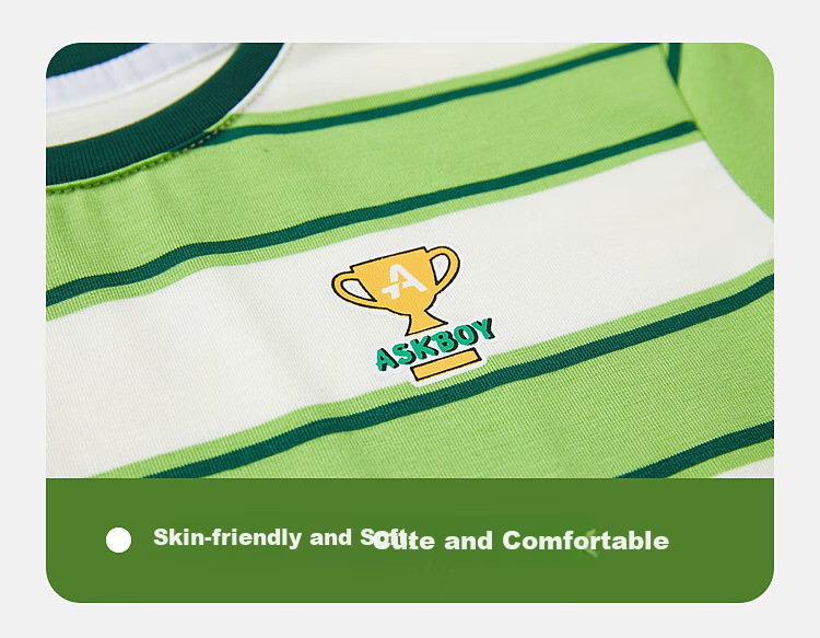 ASK JUNIOR Boys' Short-Sleeve T-Shirt, Summer Wear for Young Children, Comfortable Breathable Letter Print Casual Striped Undershirt for Kids, Size 110 10