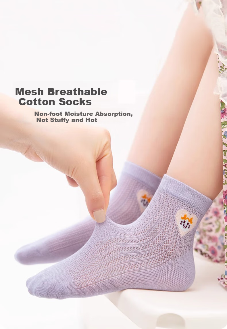 Mianmanman Girls' Socks, Summer Thin Style, Xinjiang Cotton, Antibacterial, Breathable Mesh, Children's Summer Cartoon Mid-Calf Socks for Girls, 7 Pairs 1