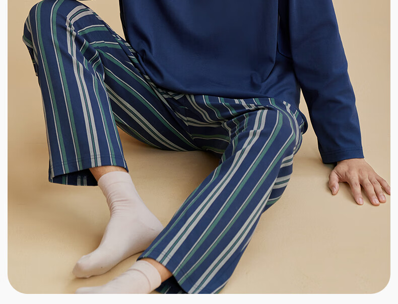 Autumndeer Ultra Soft Pure Cotton Antibacterial Pajamas Women Autumn Long Sleeve Couples Men's Homewear Set Dark Navy Blue Men 2XL 13