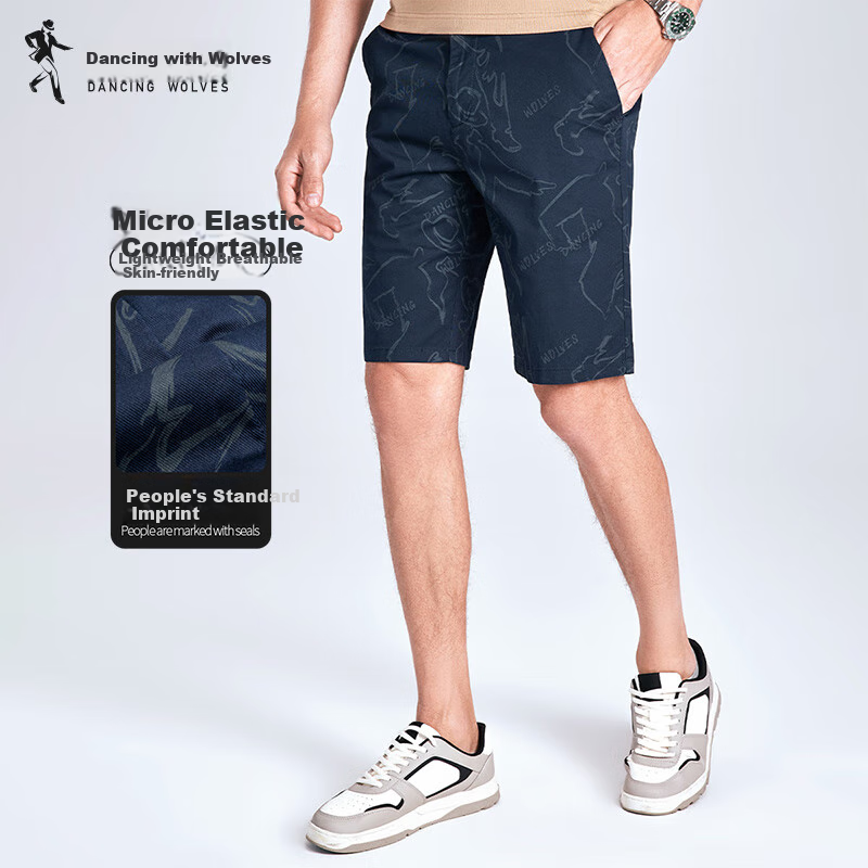DANCING WOLVES [Cotton Spandex & All-Over Adult Label] Summer Breathable Skin-Friendly Flat Waist Casual Shorts, 102 Dark Blue, Size 28