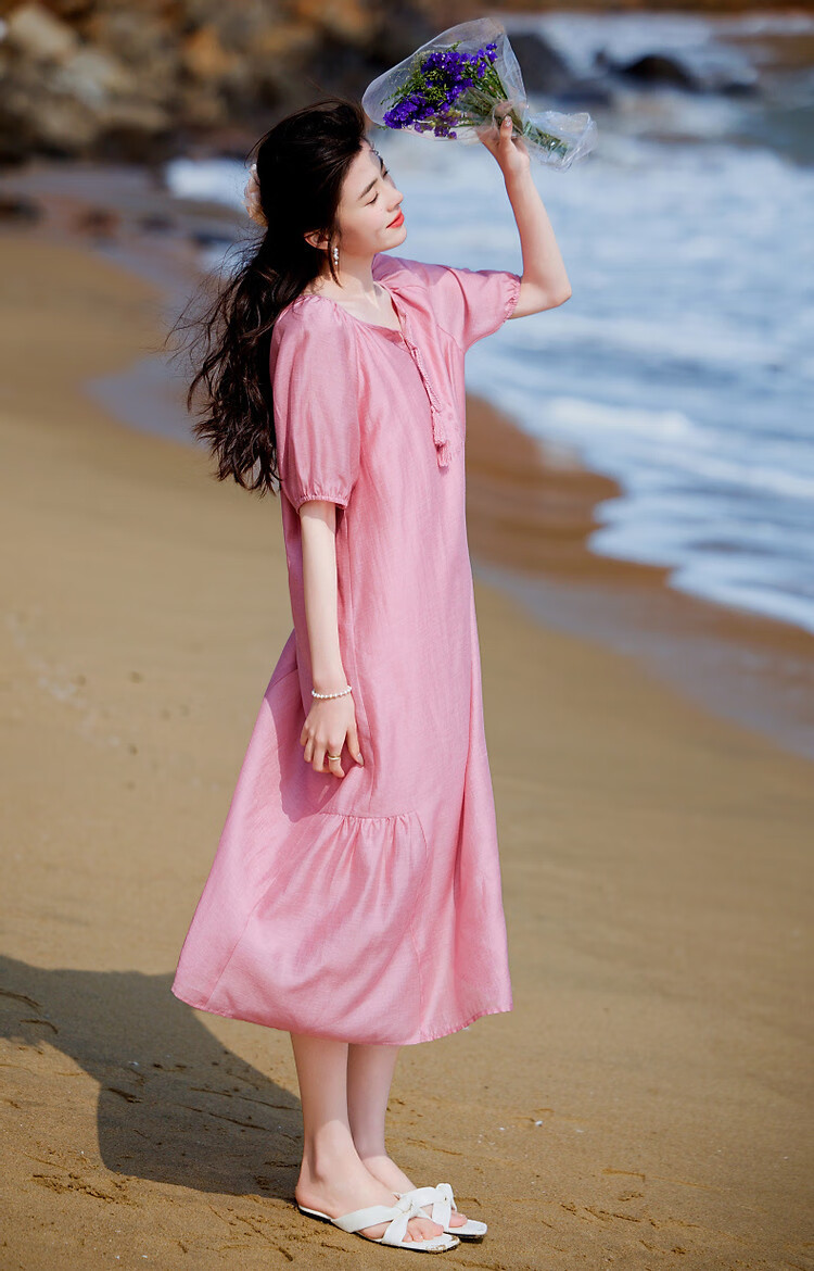 Demana "Light Breeze" Summer Cool Lyocell Embroidered Tassel Tie Split Pleated A-Line Women's Dress 14