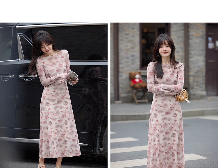 Demana [Floral Concerto] Spring Gentle Style Printed Round Neck Sleeveless Waist-Drawstring Stretch Long Dress for Women 3