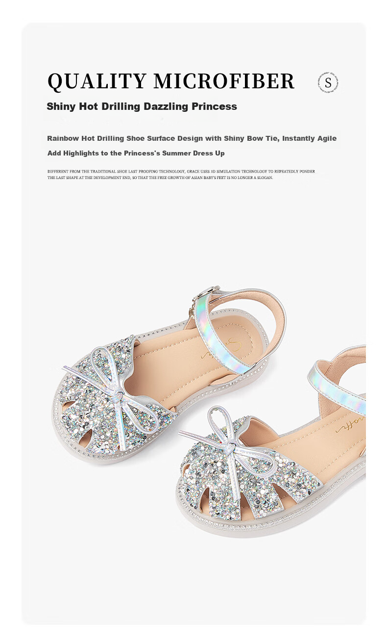 Snoffy Children's Sandals, Girls' Princess Shoes, Summer Fashion, Comfortable And Shiny Crystal Shoes for Little Girls, Colorful European Style, Silver, Size 27 5
