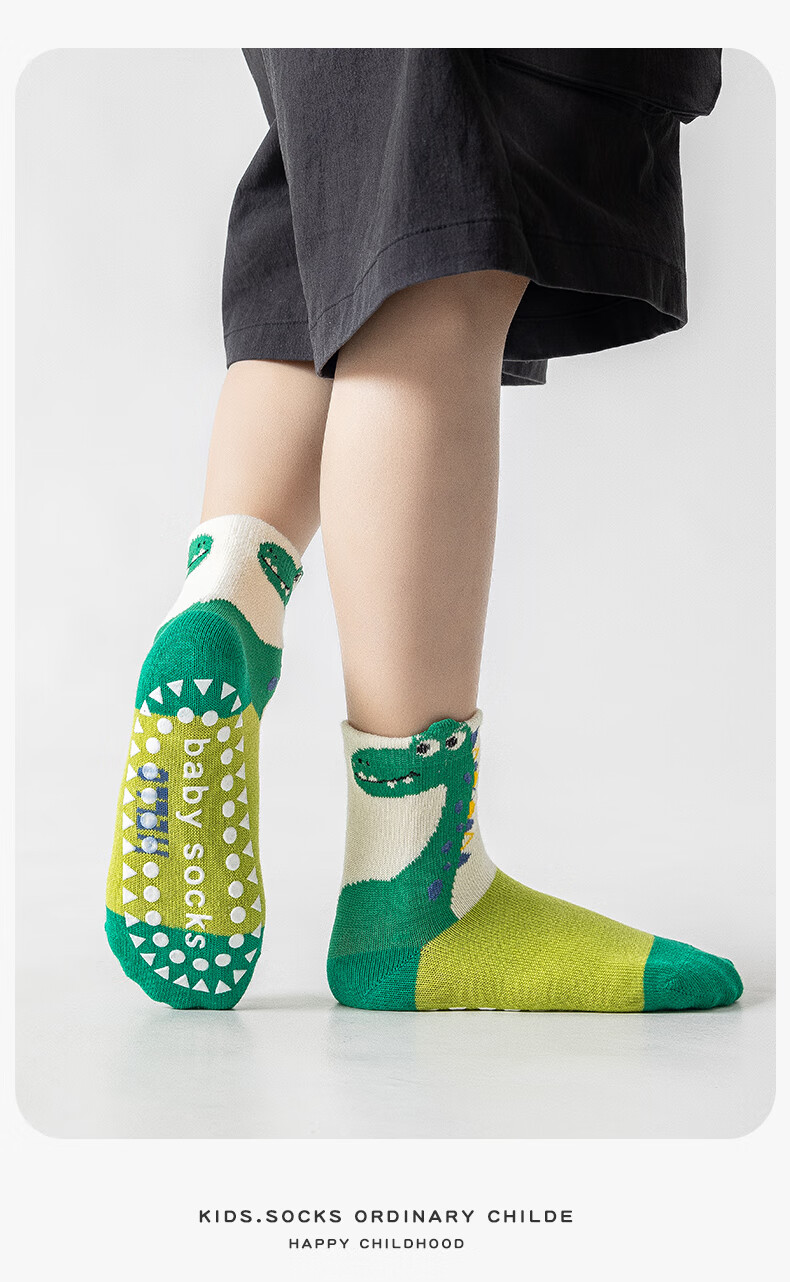 MiiOW Kids Non-Slip Anti-Cold Cotton Autumn Winter Boys Floor Socks Cartoon Green Dinosaur Sports Indoor Baby Socks 12