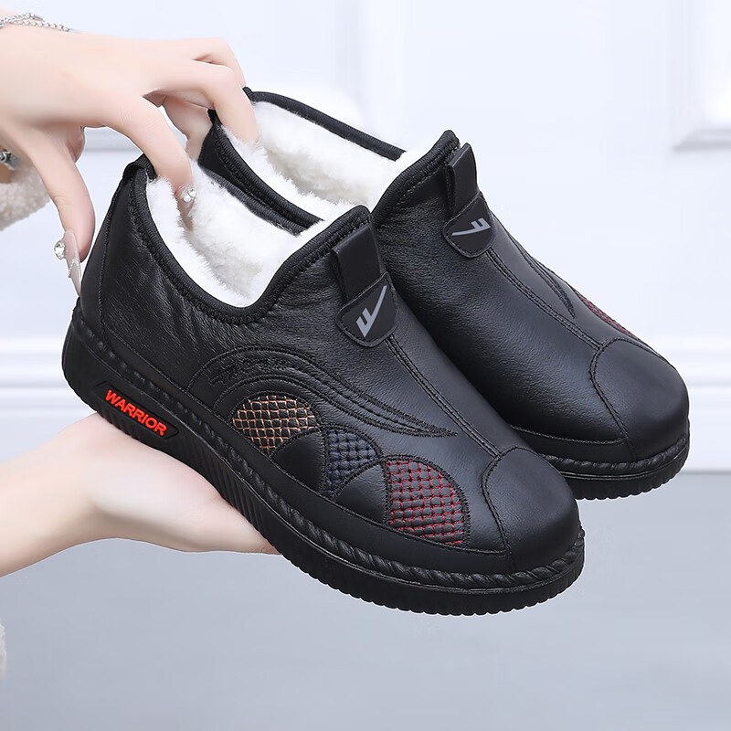 Warrior Mom Shoes Fleece Lined Winter Cotton Shoes Elderly Non-Slip Warm Middle-Aged Short Boots Women Leather Shoes 1271 Black White Size 40