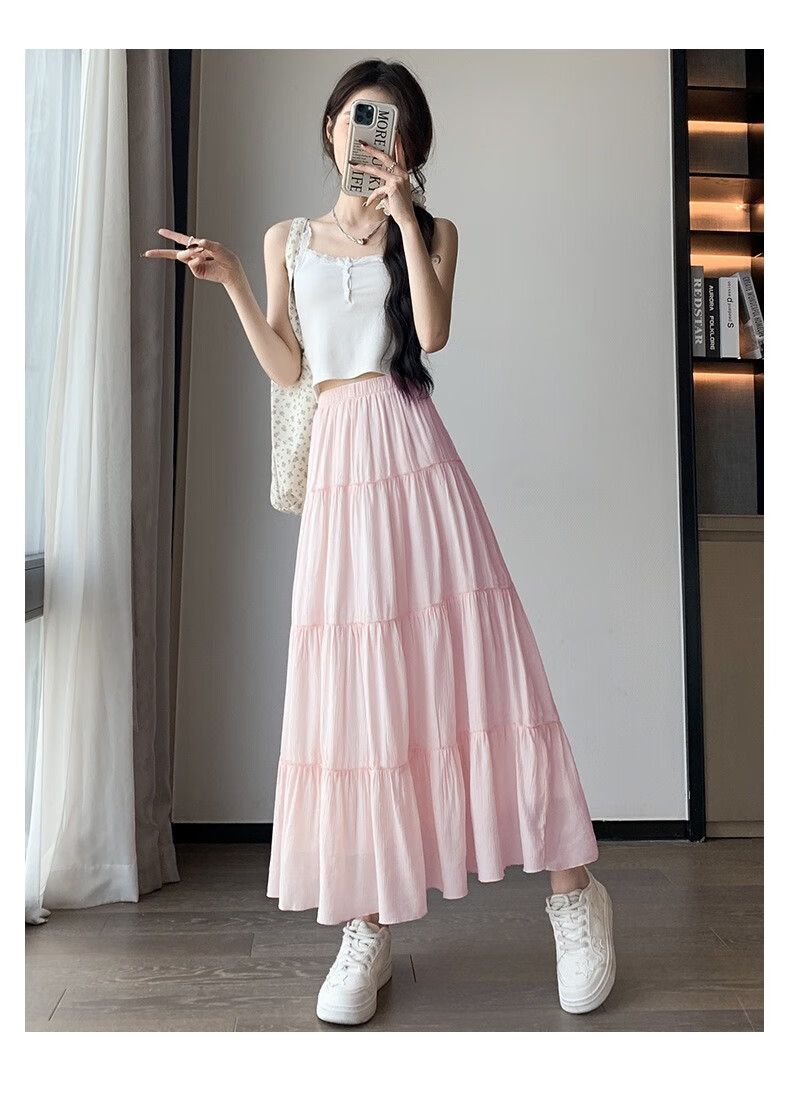 Jeanswest Women's Summer High-Waist Slimming Versatile Loose Peach Blossom Wrinkle Cake Skirt White M 21