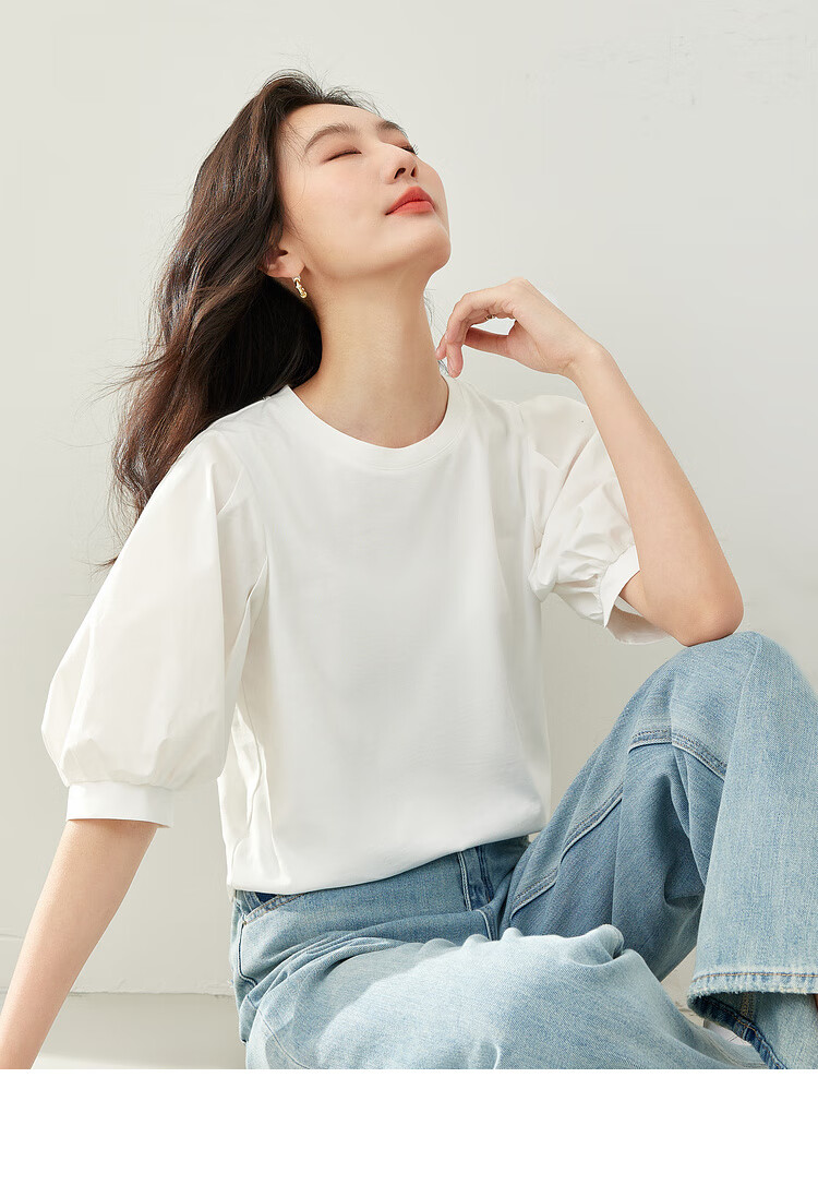 Vimly Elegant Commuter Lantern Sleeve Cotton T-Shirt for Women, New Summer 2026 Loose Short-Sleeve Distinctive Top 15