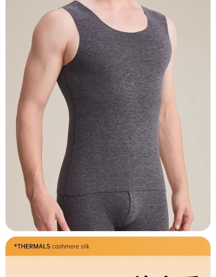 BOPRUIEY Men's Thermal Vest 2-Pack Wool Silk Fleece Heating Seamless Crew Neck Winter Cold-Resistant Base Layer Autumn Shirt 11
