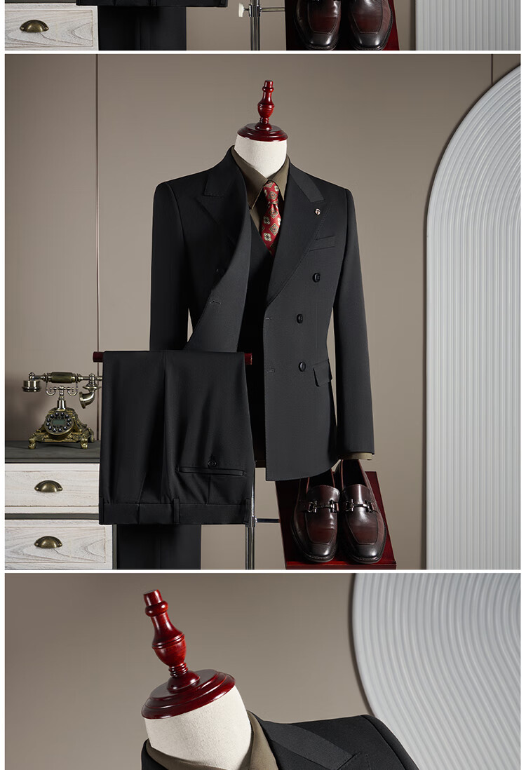 ROMON Men's Wool Suit Set Business Wedding Formalwear Brown Coffee M (Blazer + Vest + Trousers) 9