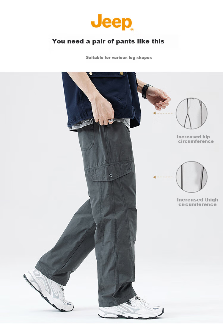 JEEP Ice Silk Pants for Men, Workwear Style, Spring And Summer Tactical Casual Trousers, Loose-Fitting Trendy Men's Pants, Gray, 4XL 3