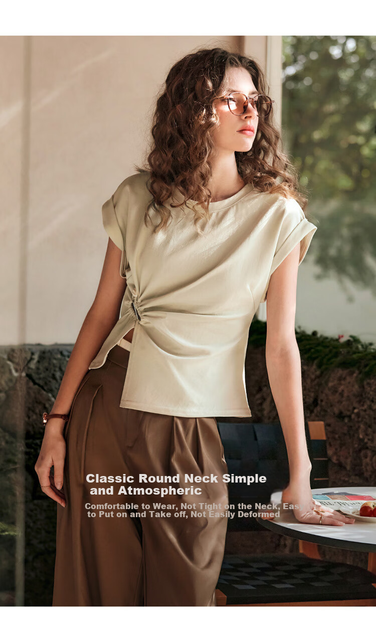 Olrain Irregular Pleated Waist-Tied T-Shirt Women's Summer Stylish Short Sleeve Top Milk Tea Color M 17
