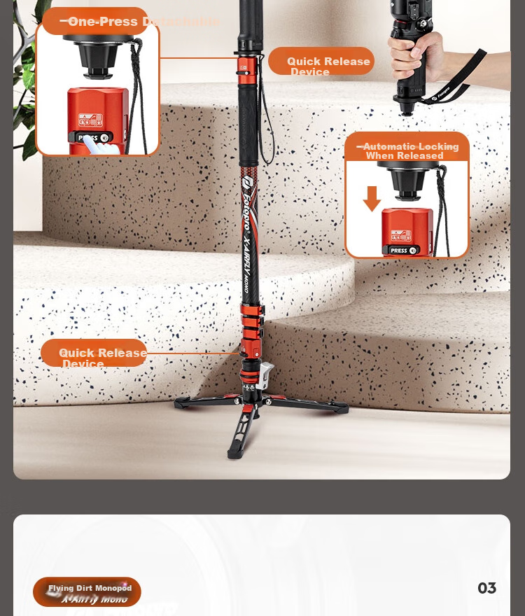 Fotopro Flying One Tripod, Quick-Release Design, Foot-Operated Unlocking, 32mm Diameter Carbon Fiber Camera Tripod, Flame Orange 6