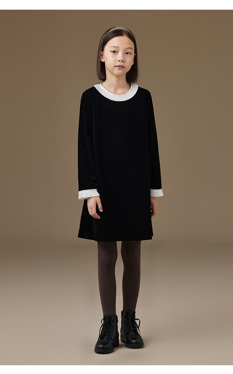 Hacikis Kids Autumn Winter French Hepburn Style Children's Lace Velvet Girls Long Sleeve Dress Thick Mousse Black 160 3