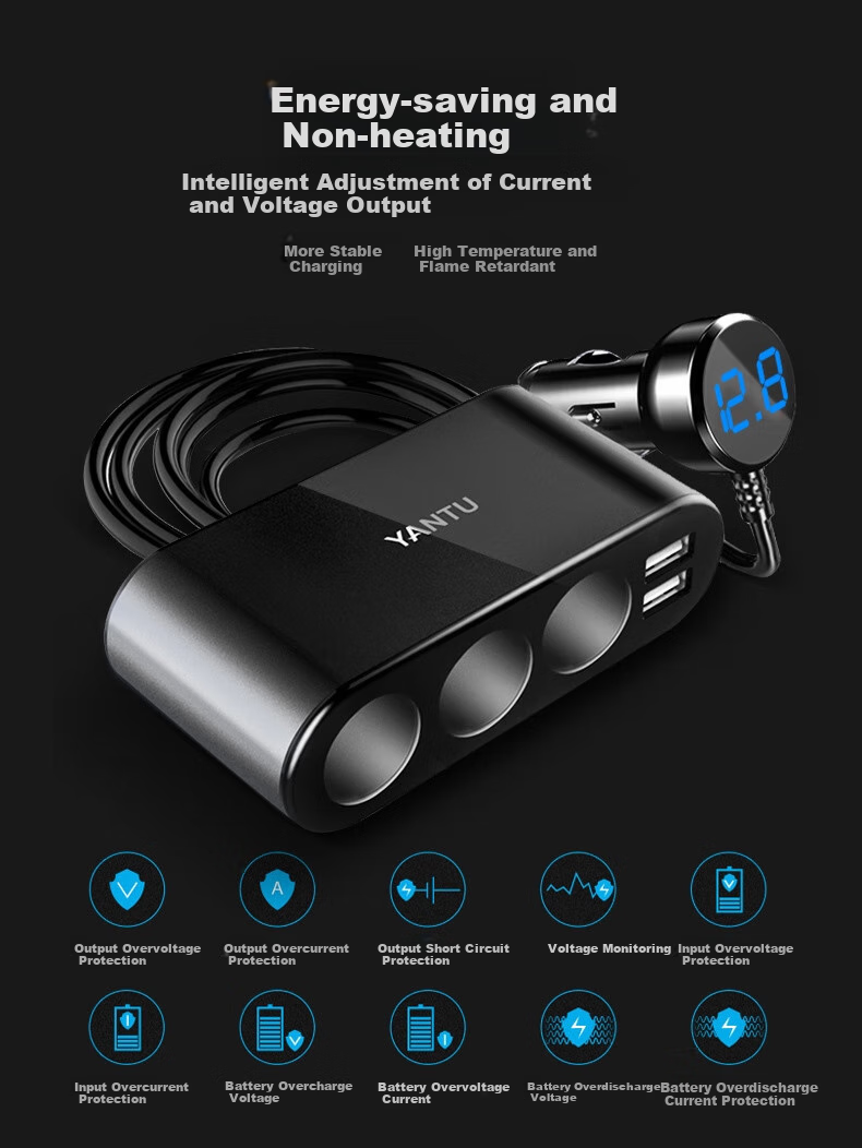 Yantu Car Charger Super Fast Charging Cigarette Lighter Adapter Three-In Dual USB Voltage Detection LED Black B08 4