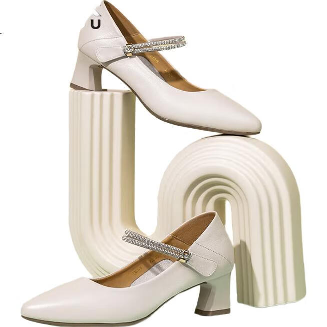 LAORENTOU High Heels for Women, Top-Grain Leather, Chunky Heel, Single-Strap Buckle Work Shoes, French Style Women's Shoes, LB61 White, Size 37